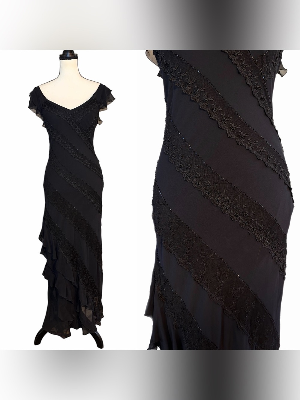 Vintage Sue Wong Nocturne Beaded Silk Sheer Mesh & Lace Ruffle Hem Maxi Dress - Picture 11 of 12